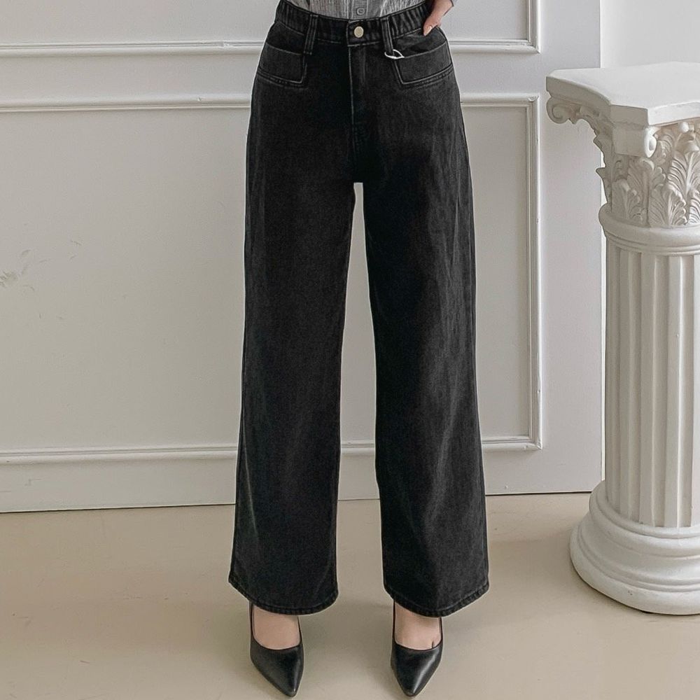 EDITION (內磨毛升溫+5度C)彈性腰經典直筒寬褲-黑