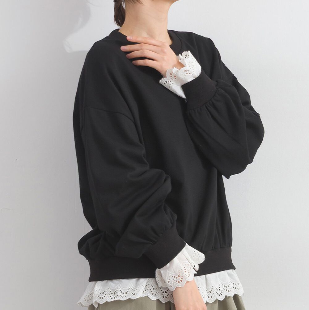 貝殼蕾絲下擺俏麗層次感大學T-黑