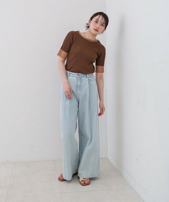 日本 Bab - 柔美異材質顯瘦羅紋五分袖上衣-炭灰