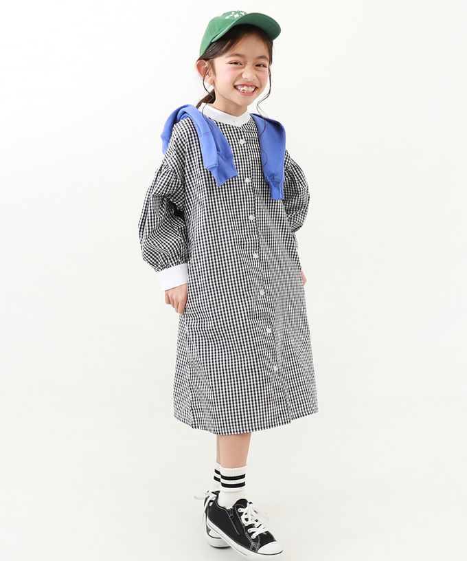 日本 devirock - 2WAY氣球袖襯衫式開襟洋裝-格子-黑