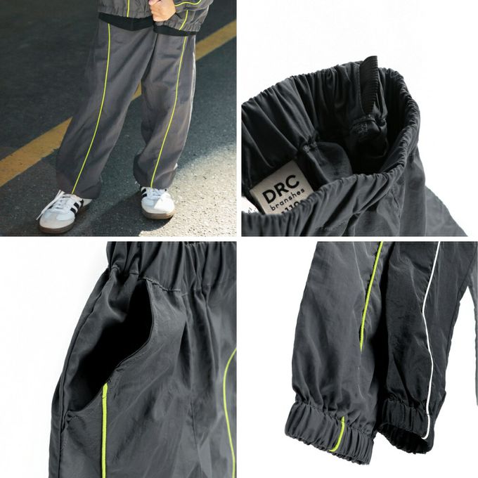 日本 BRANSHES - 線條滾邊輕便休閒尼龍長褲-灰x螢綠