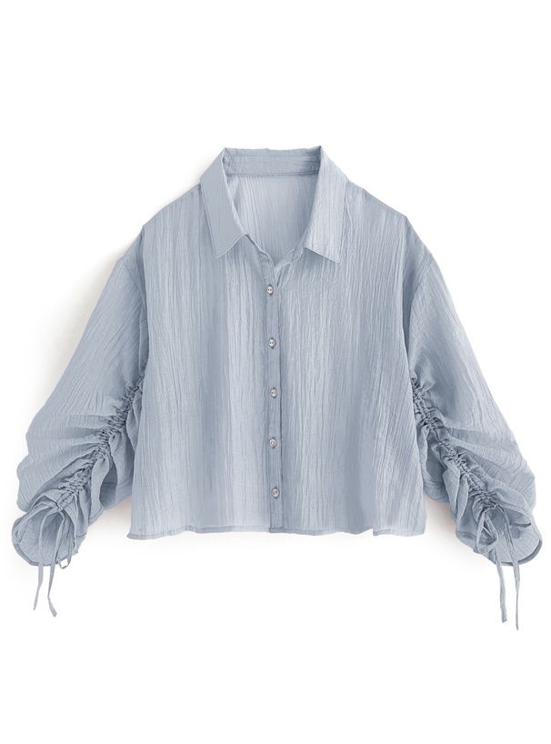 日本 GRL - 楊柳皺縮短版抽繩襯衫-水藍 (F)