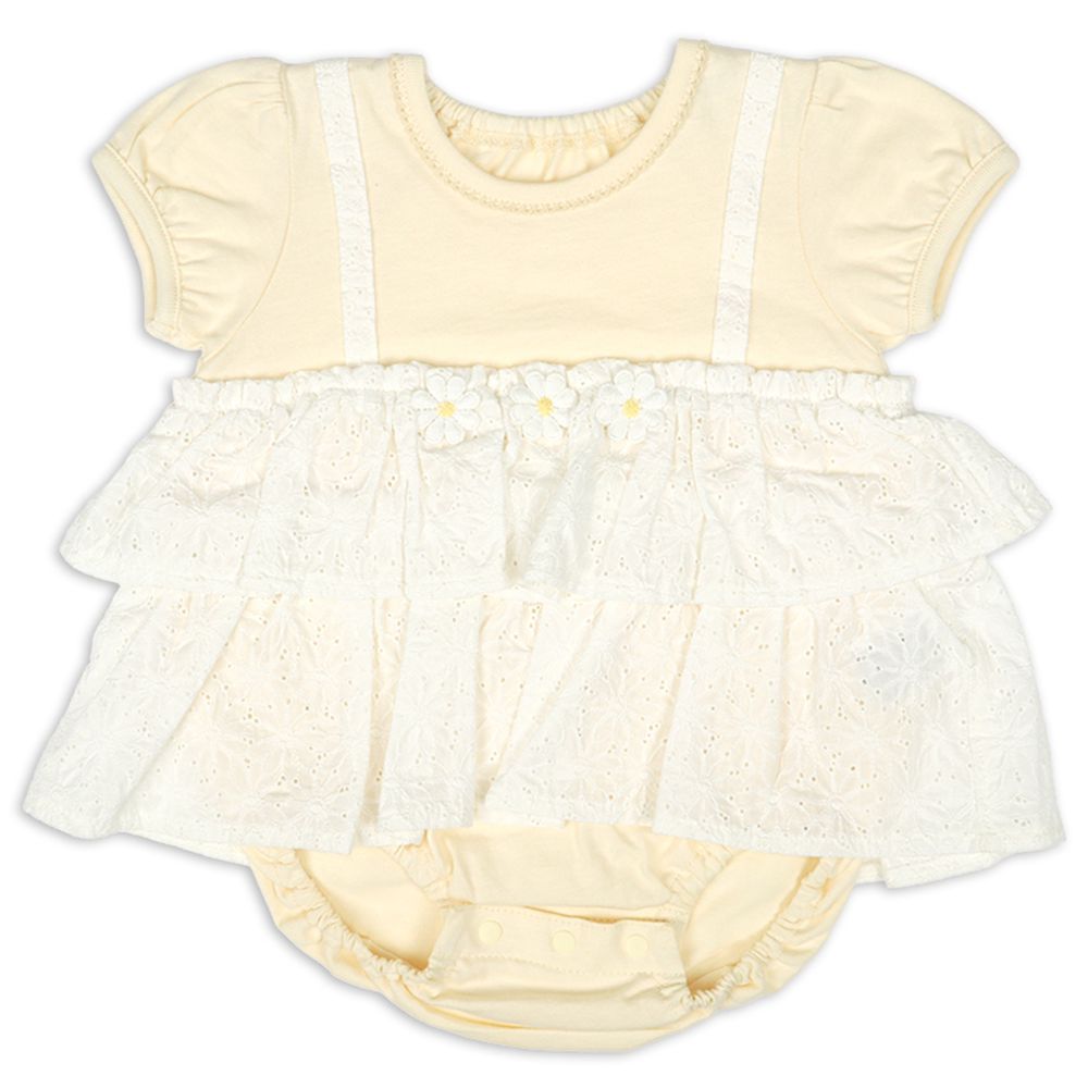 短袖假兩件外出包屁衣-米白色