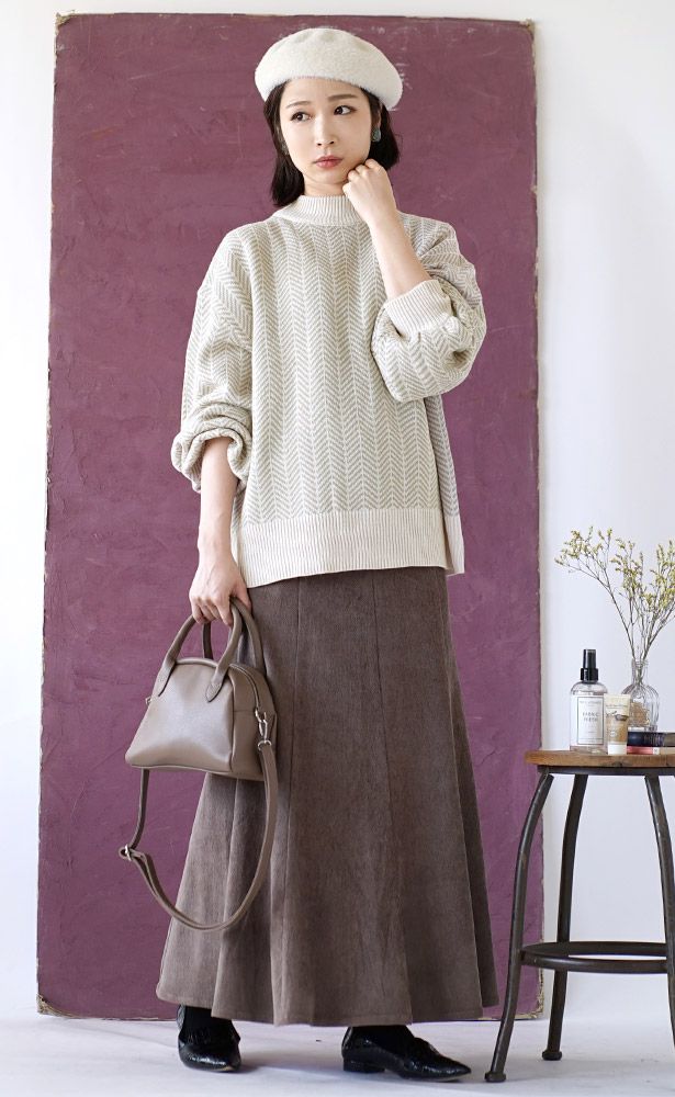 日本 zootie - 人字紋小高領針織毛衣-淺卡其