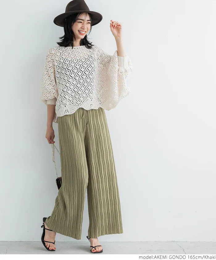 日本 COCA - [可剪裁] 百搭波浪紋垂墜寬褲-深灰