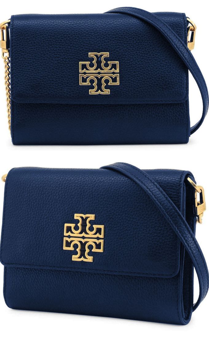TORY BURCH - 雙T-LOGO翻蓋皮革斜背包 (深藍)