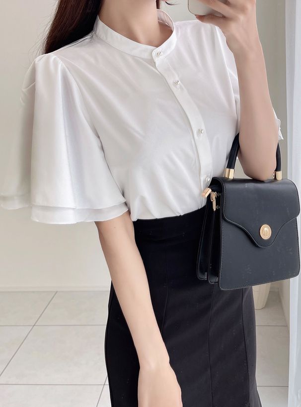 日本 GRL - 簡約立領層次短袖襯衫-藍灰 (F)