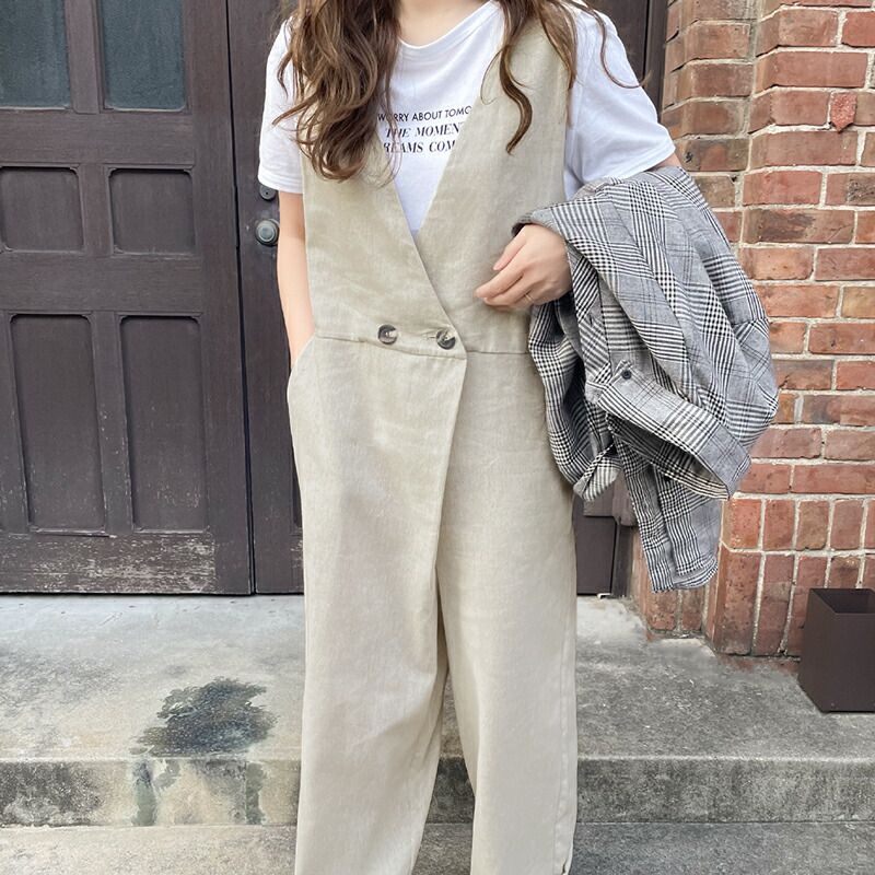 日本 Classical Elf - 棉麻透氣垂墜感連身褲-石墨灰