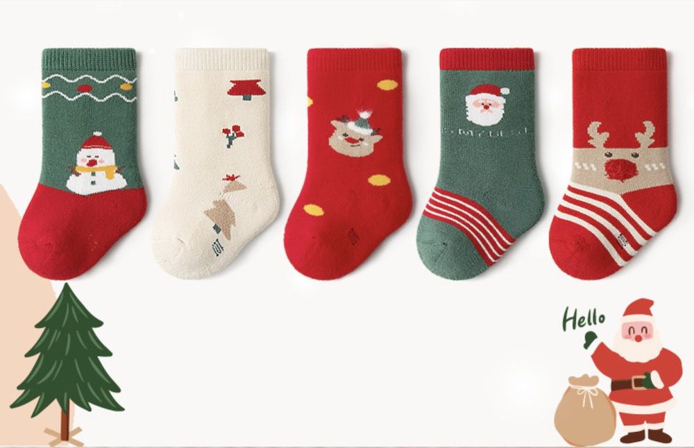 love, charlotte - 卡通聖誕主題無骨加厚毛圈內裡中筒棉襪(腳長7cm起)-5 雙一組