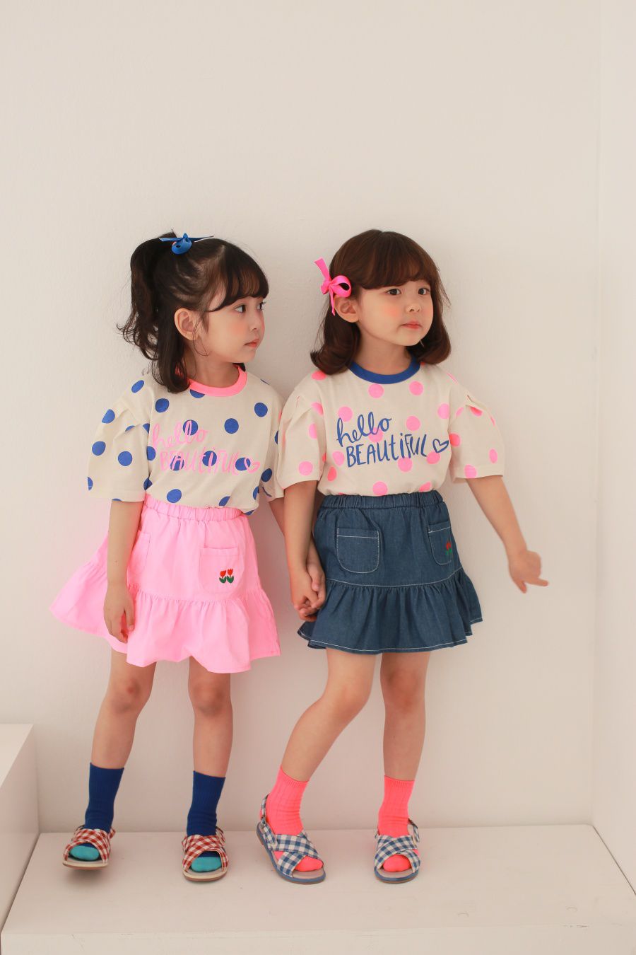 韓國 Dalla - 波點泡泡袖純棉T-粉紅波點