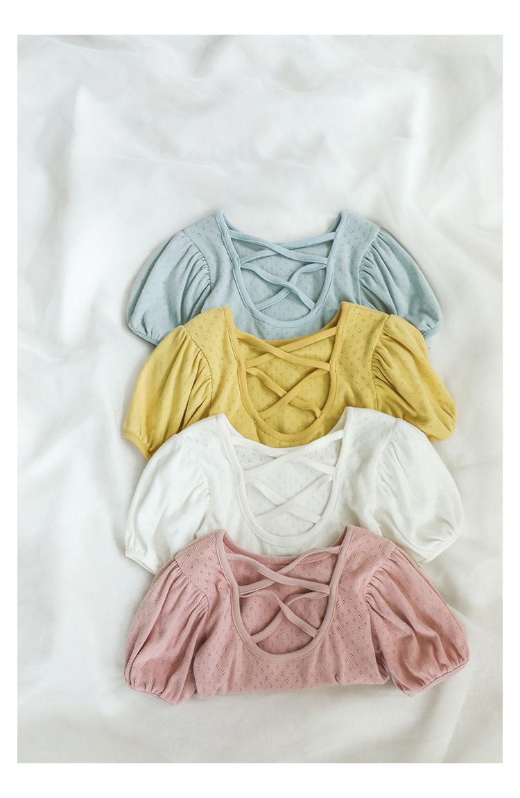 鳥眼簍空泡泡袖上衣-黃色