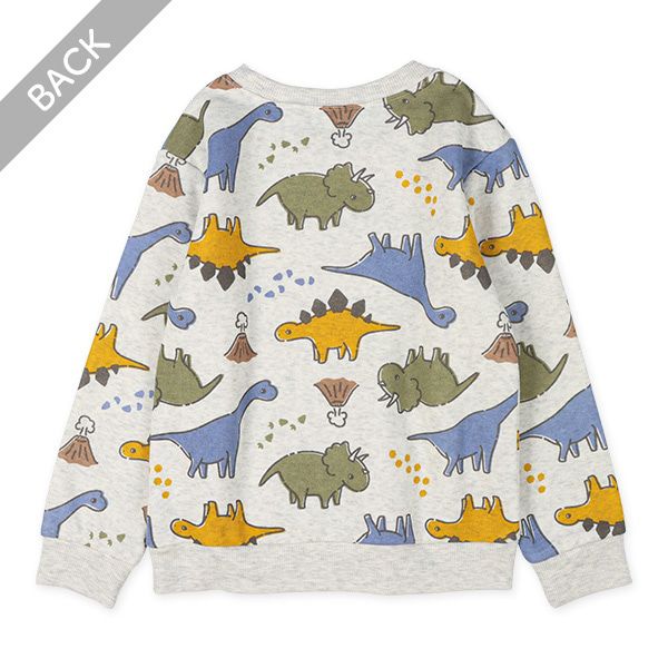 日本西松屋 - 刷毛圓領印花長袖上衣-可愛恐龍-米杏