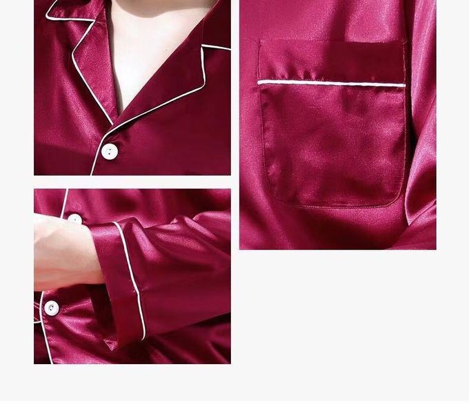 男士冰絲長袖家居服/睡衣套裝-緞面-深藍色