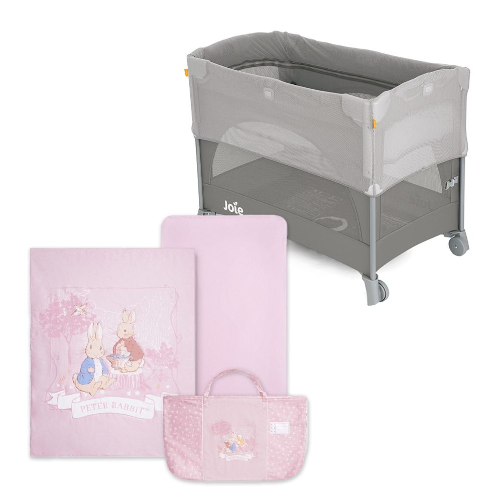 Joie kubbie sleep 嬰兒床+悅讀比得兔床邊床三件式床組/床寢組(被子、床包、提袋)-粉色