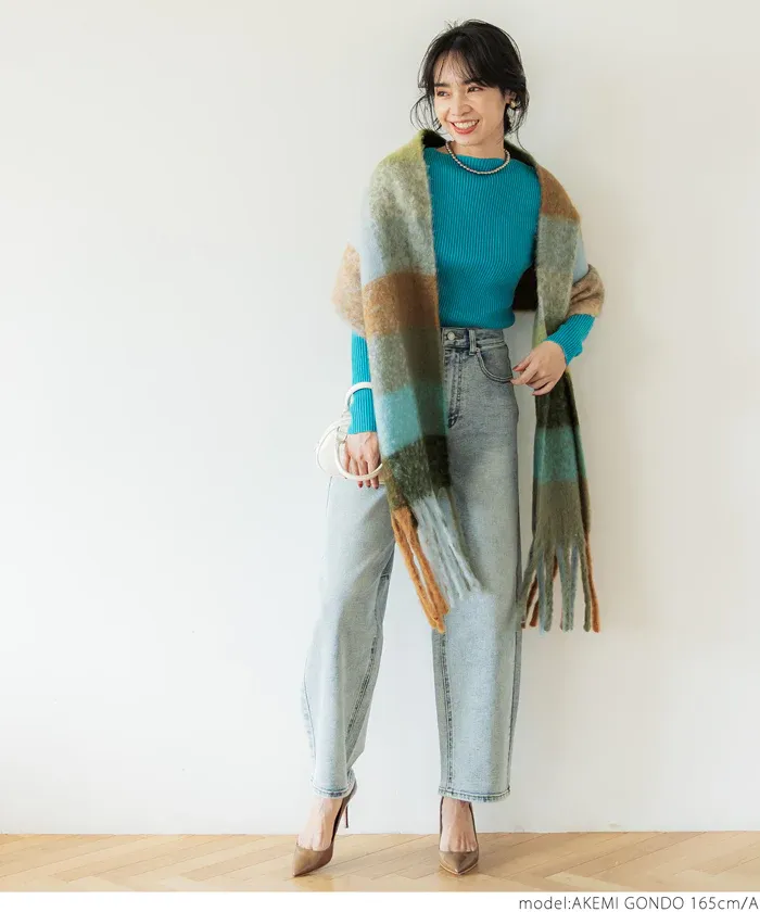 日本 COCA - 毛海大流蘇格紋圍巾/披肩-杏黃