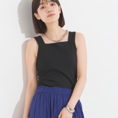 日本 OMNES - 優雅方領防走光版型混紡背心-黑色