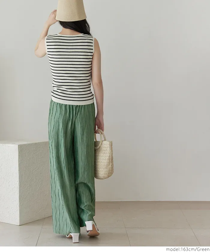 日本 COCA - [可剪裁] 百搭波浪紋垂墜寬褲-草綠