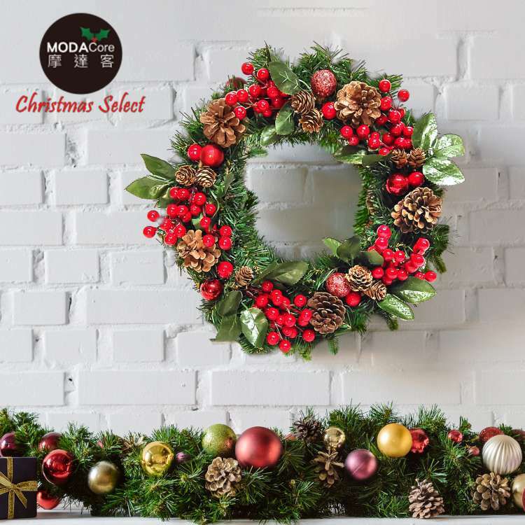 MODACore 摩達客 - 摩達客耶誕-台製歐風典雅14吋大地盛宴紅球果松果聖誕花圈_福臨圈(免組裝/台灣設計手工藝製)