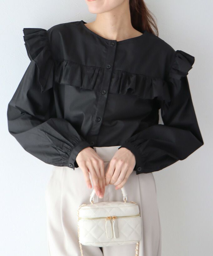 日本 BLUE EAST - 青澀回憶荷葉邊長袖襯衫-湖水綠