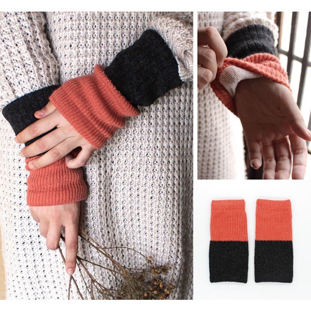日本女裝代購 - 日本製 羊毛混絲綢保暖半截手套-撞色-橘粉x可可 (F)