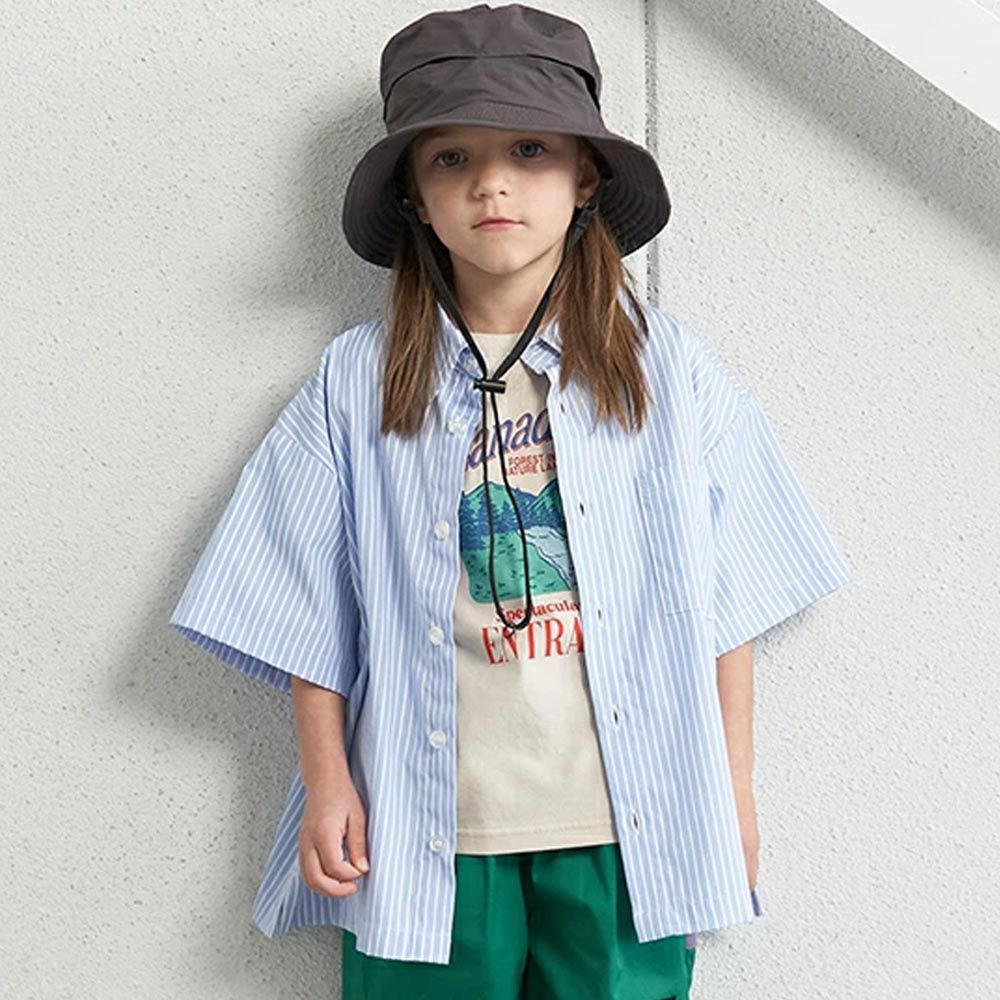 日本 b-ROOM - 時髦寬鬆短袖襯衫-細條紋-淺藍
