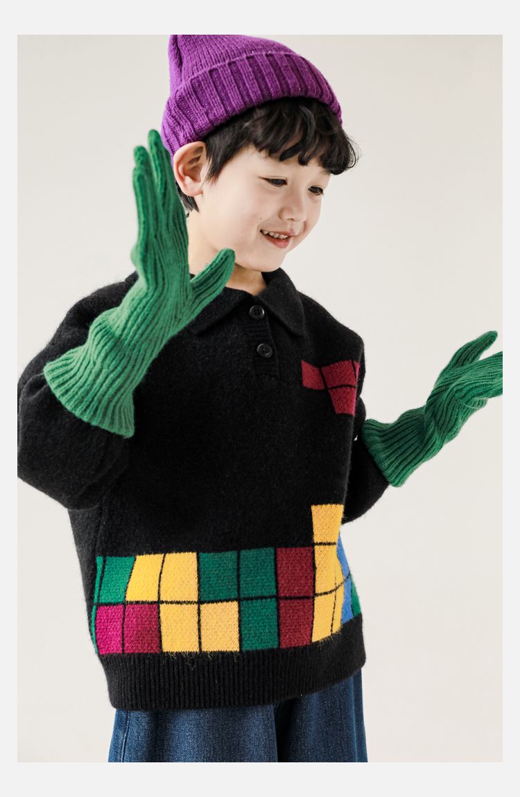 TONGMO - 復古Polo翻領針織長袖毛衣-俄羅斯方塊-黑色
