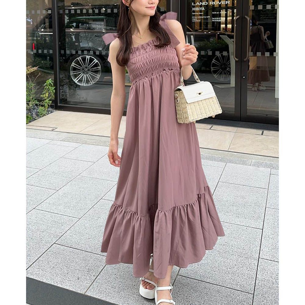 肩蝴蝶結甜美皺褶細肩帶洋裝-煙燻粉 (F)