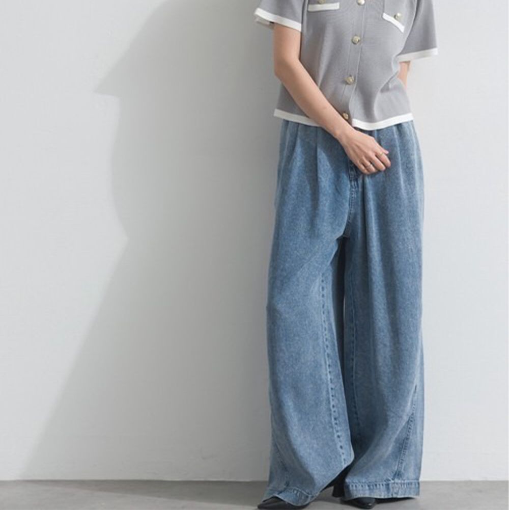 接觸冷感 天絲柔軟丹寧腰綁帶寬褲-中藍