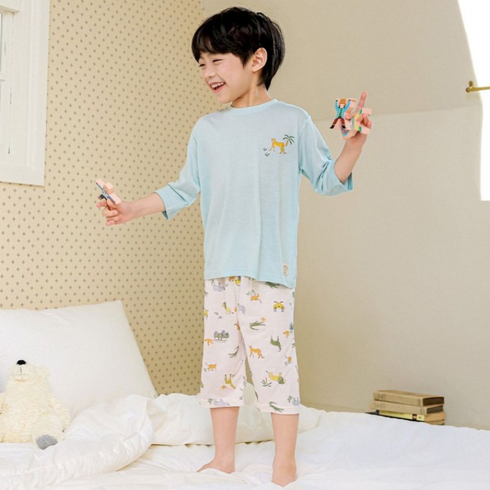 親膚莫代爾7分袖家居服/睡衣-手繪非洲動物-水藍X米