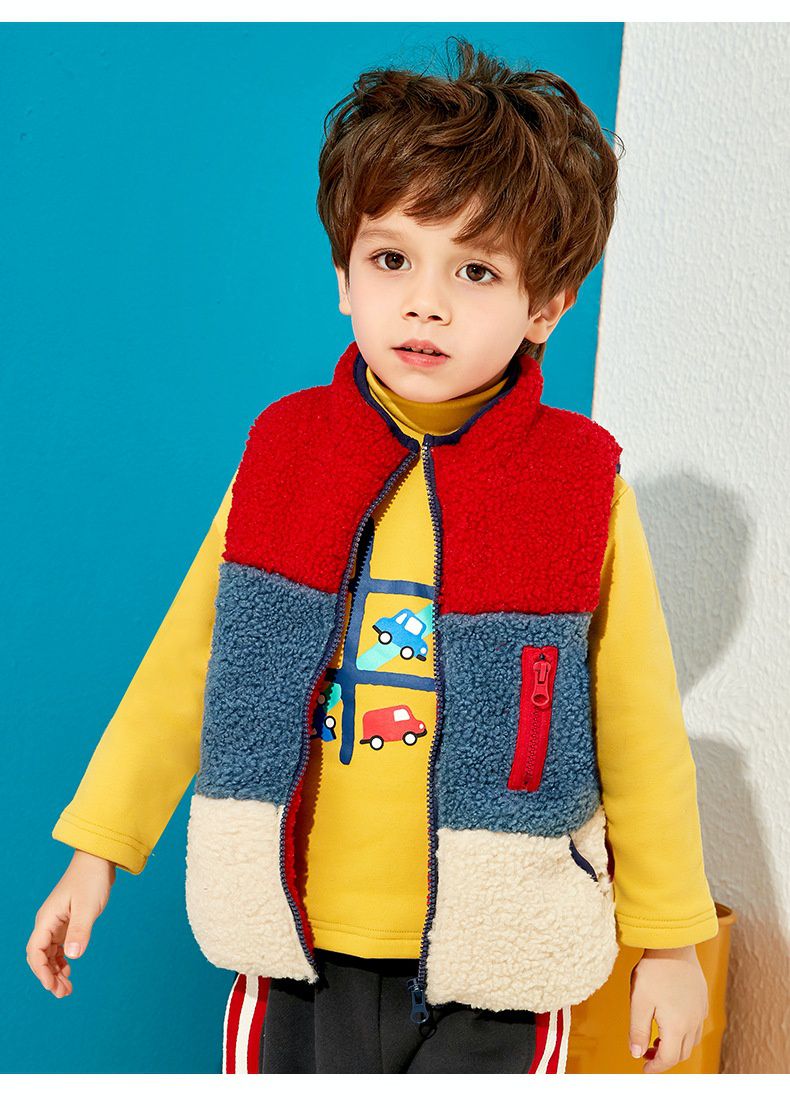 羊羔絨兒童保暖背心-拼色款-白+藍+紅