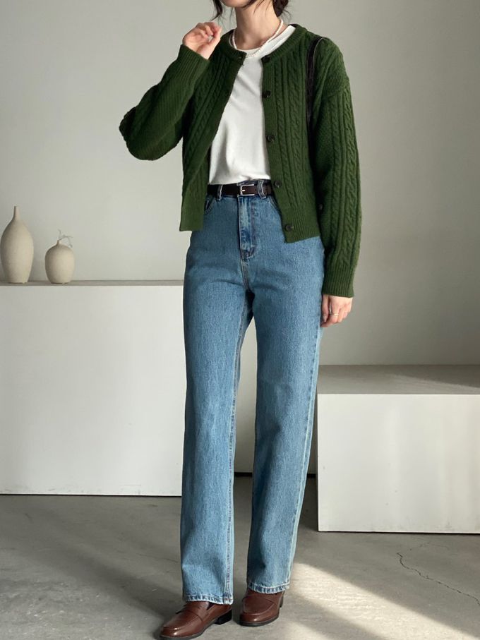 韓國女裝連線 - 麻花捲鈕扣無領針織外套-墨綠 (FREE)