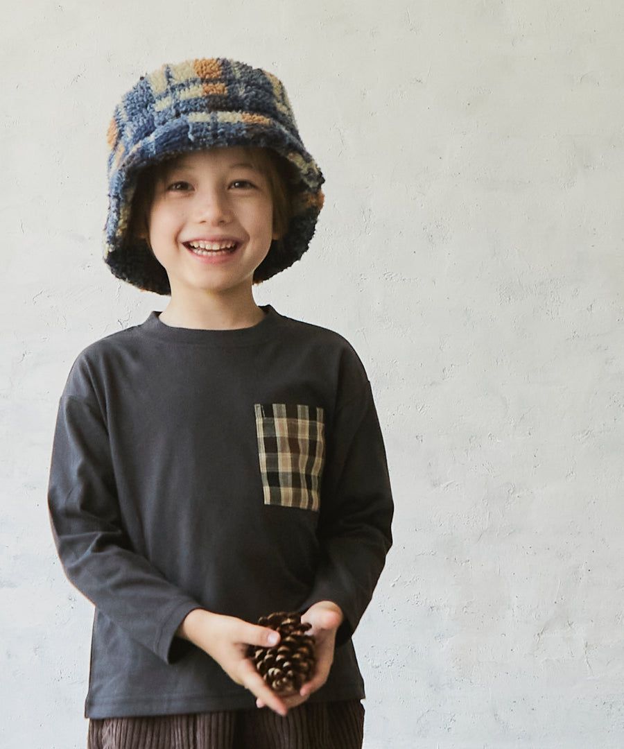 日本 PAIRMANON - 拼接口袋圓領薄長袖上衣-格紋-藍灰