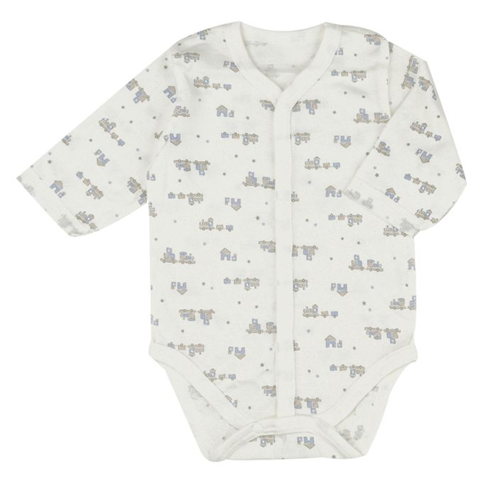 akachan honpo - 長袖前開式速乾包屁衣-2件組 玩具列車-藍色