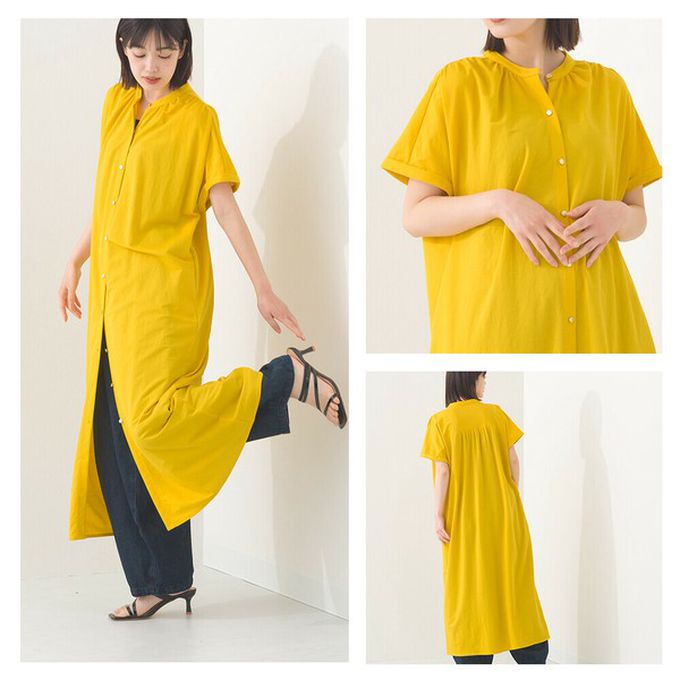 日本 OMNES - 接觸涼感 氣質金釦襯衫式短袖洋裝-黑