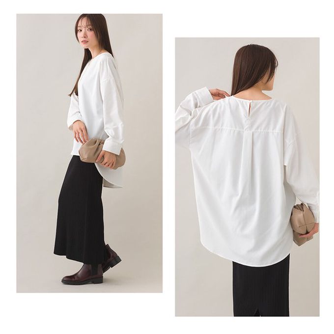 日本 OMNES - 圓弧優雅前短後長修身船領長袖上衣-條紋-藍