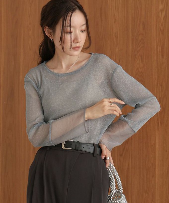 日本 Bab - 亮麗光澤歐根紗拼接透膚薄長袖上衣-淺卡其