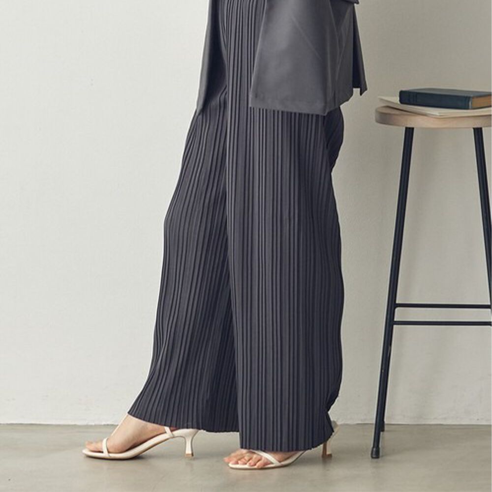 細摺搖曳優雅寬褲(全腰鬆緊)-炭灰 (M)