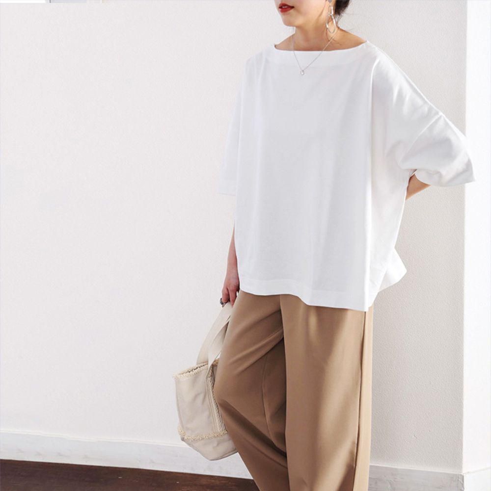 船領顯瘦落肩五分袖上衣-白