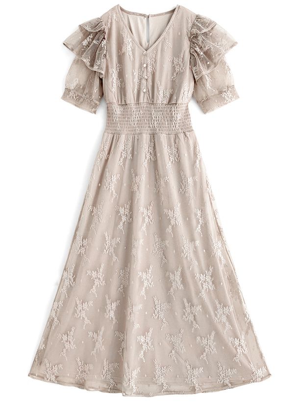 日本 GRL - 浪漫花刺繡薄紗短袖洋裝-星塵藍