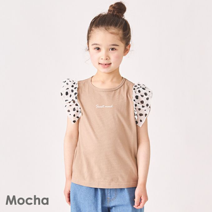 日本 evercloset - 100%棉 點點蕾絲短袖上衣-淺棕