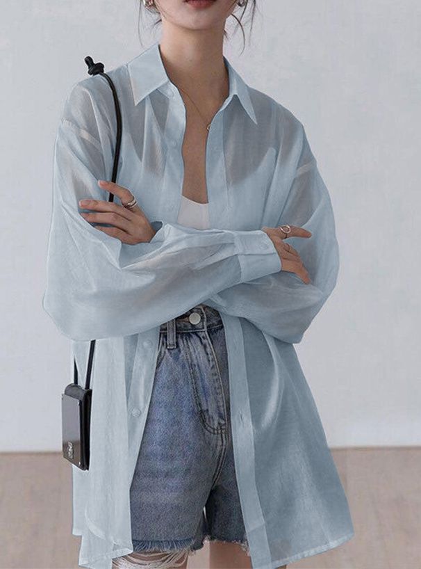 日本 GRL - 透明感氣球袖襯衫/罩衫-淺粉 (M)