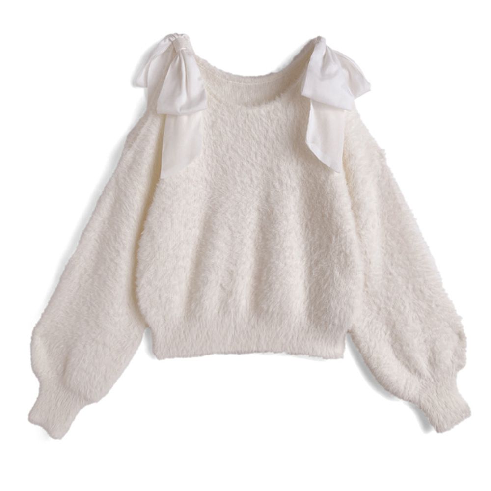 露肩緞帶蝴蝶結柔美毛海上衣-象牙 (F)