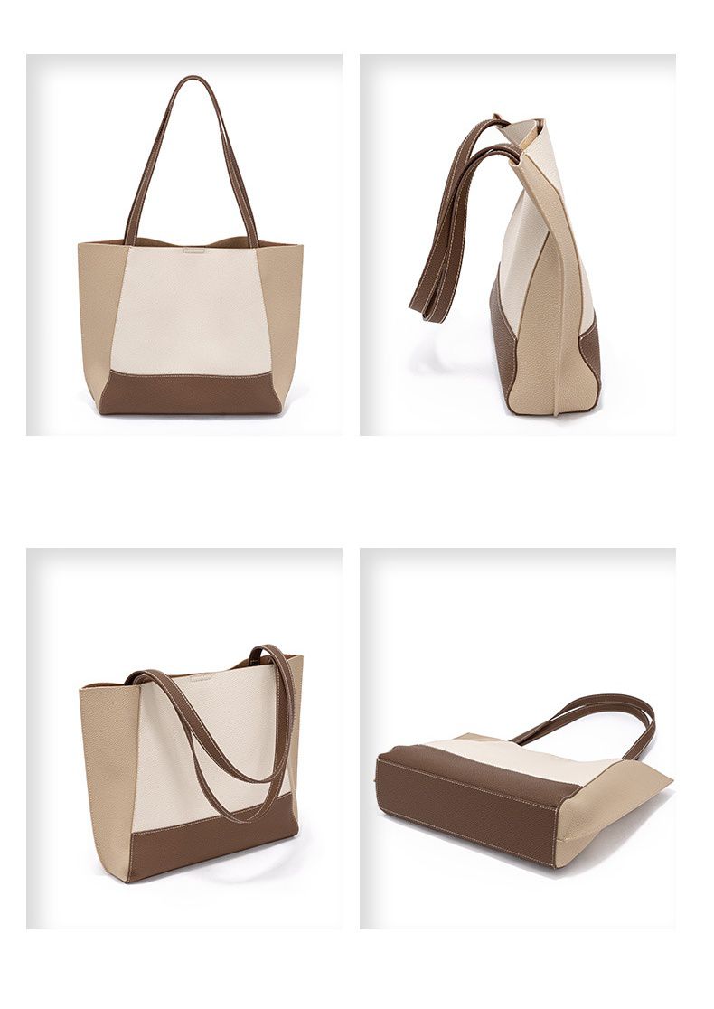 真皮簡約大容量拼色托特包-米白色 (40x10x29cm)