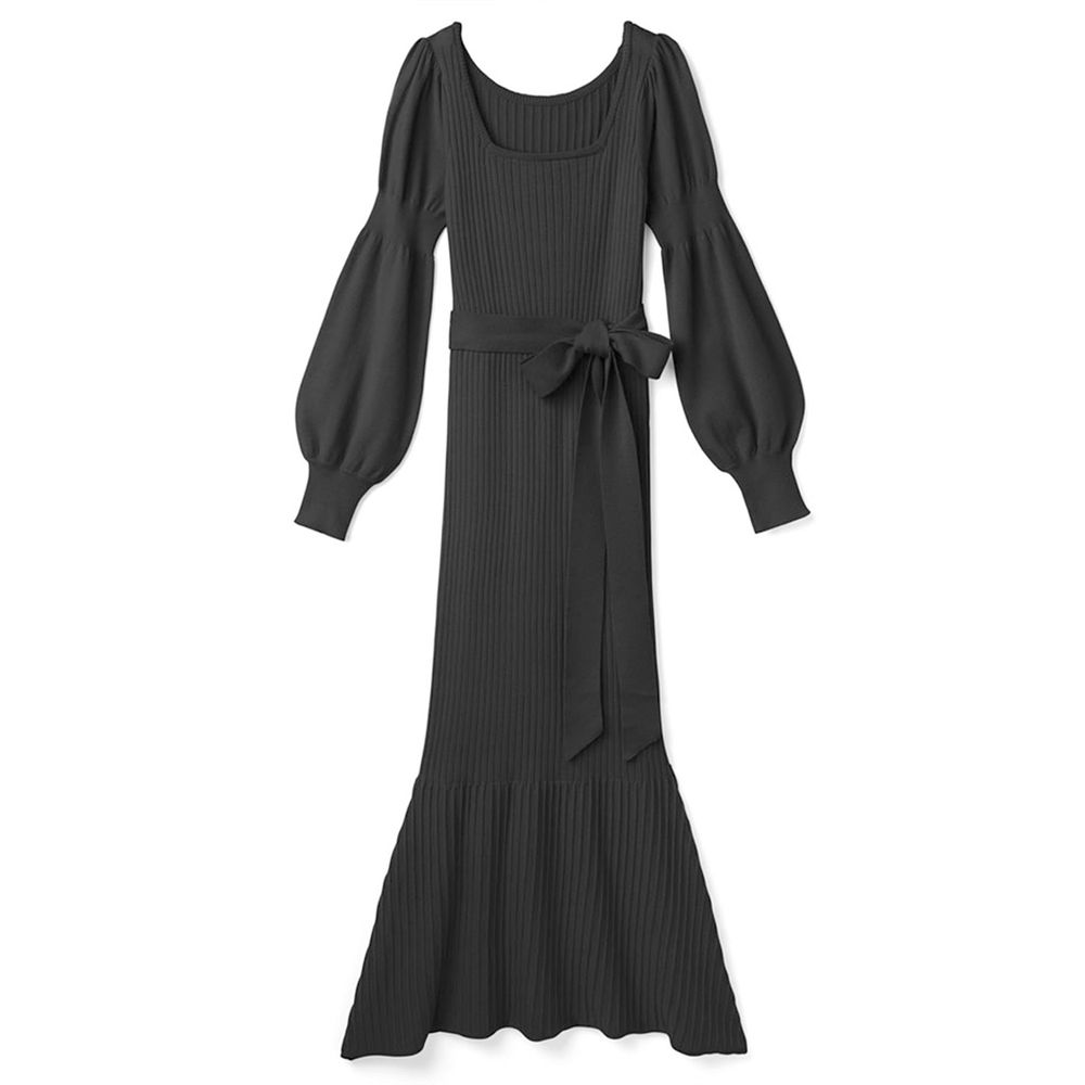 日本 GRL - 圓領羅紋綁帶澎澎袖洋裝-簡約黑