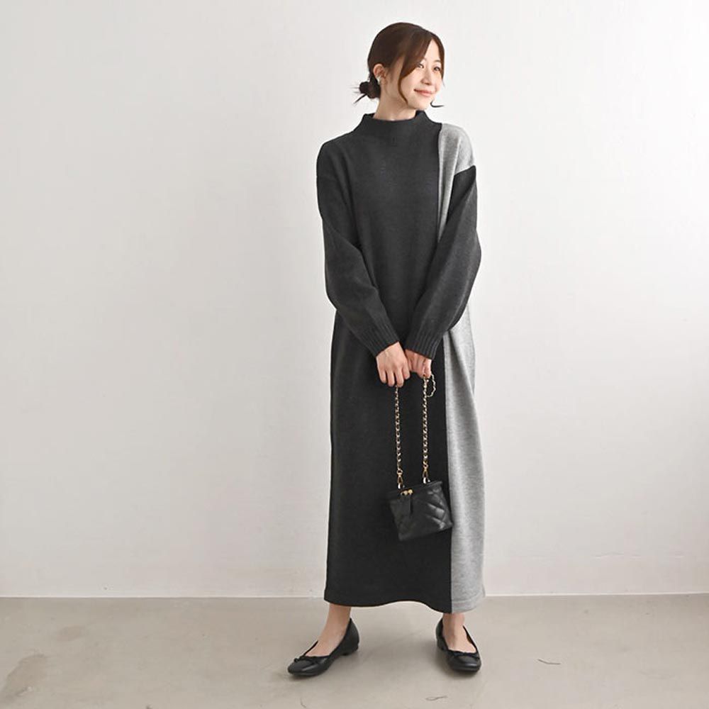 日本 ihuu - 優雅百搭撞色針織長洋裝-深灰x淺灰
