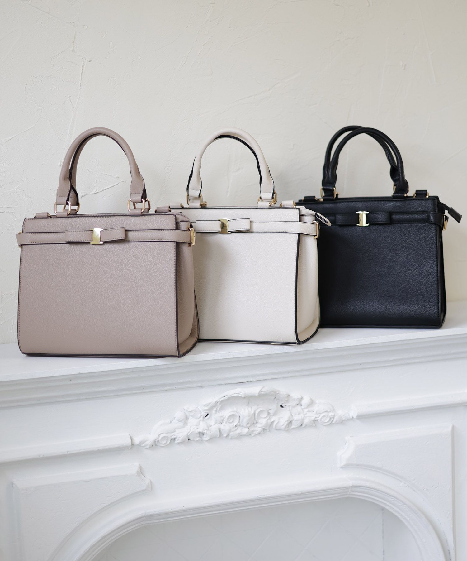 日本 tocco-closet - 蝴蝶結金釦手提包/側背包-氣質杏