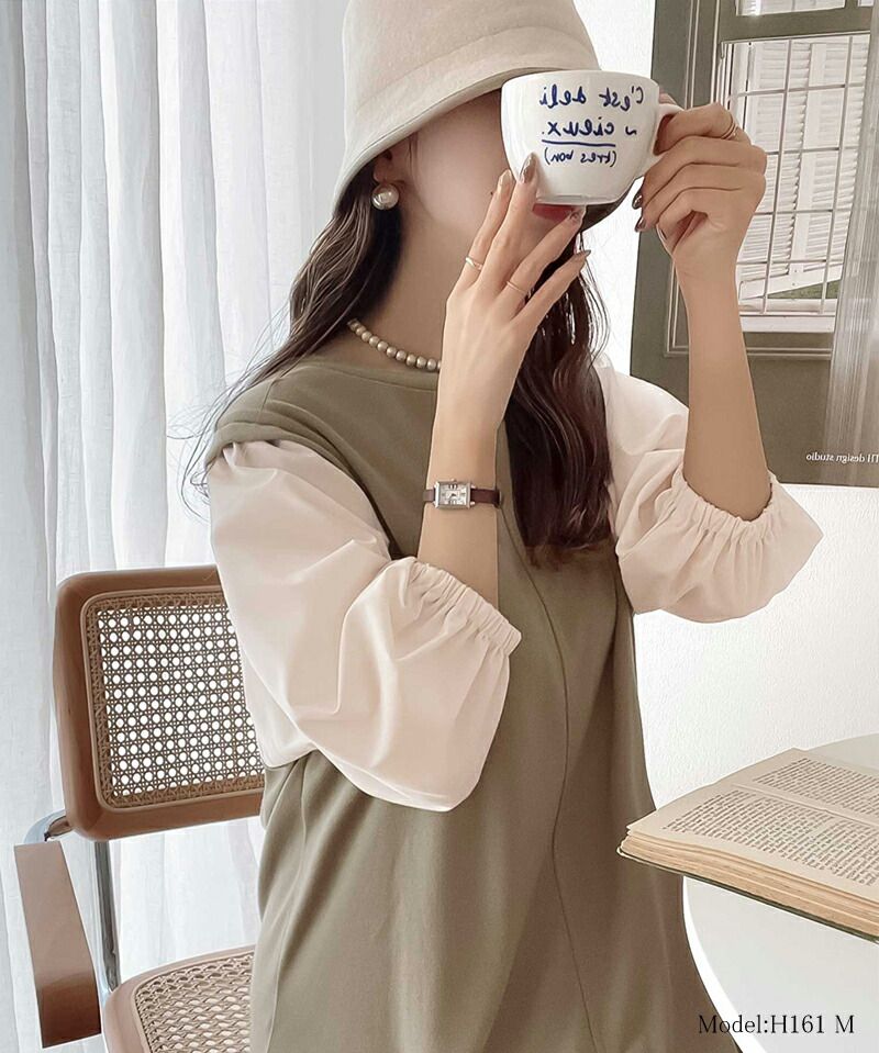 日本 Classical Elf - 優雅泡泡拼接袖修身洋裝-黑x黑