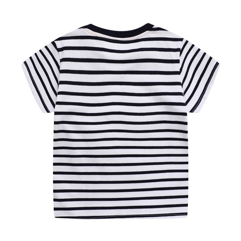 Jumping meters - 棉質圓領條紋短袖上衣-刺繡恐龍-黑+白