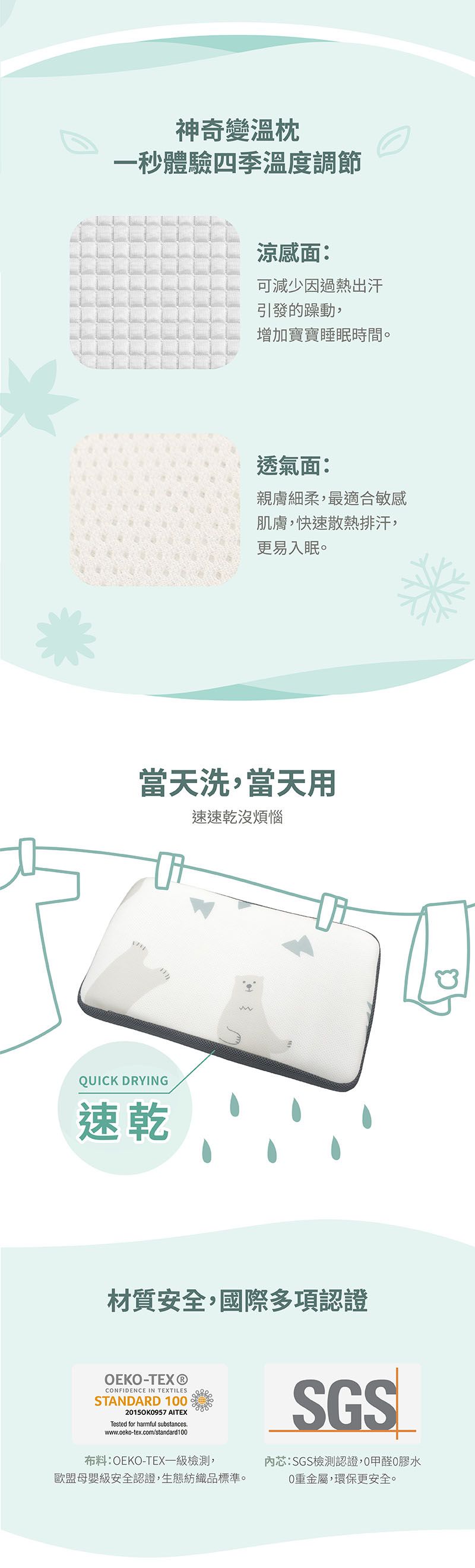 PAMABE - 4D兒童水洗透氣枕-HI FIVE北極熊 (50x30x4.5cm)-買就送無紡布外出提帶