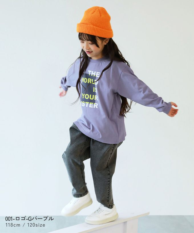 日本 devirock - 100%棉 印花寬鬆長袖T恤-義大利麵標語-胡蘿蔔橘